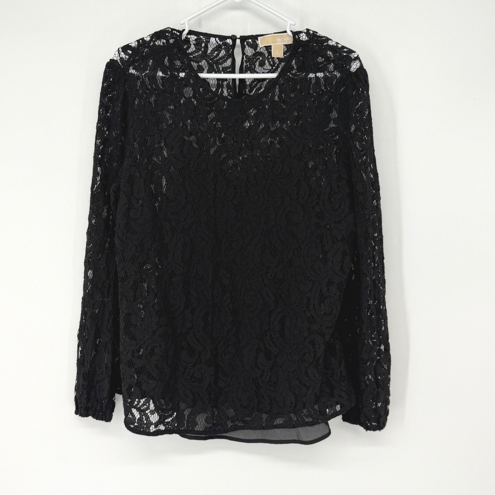 Michael‎ Kors Black Lace Sheer Blouse Lined Long Sleeve Romantic Goth Layered